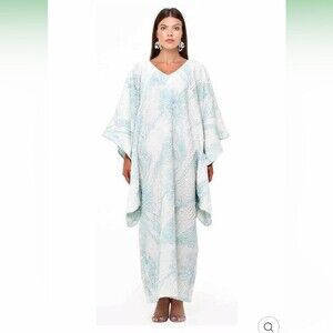Bambah Antonia Kaftan Dress Maxi Floral Printed White Blue Brocade Textured OS